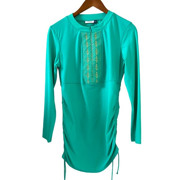 Cabana Life NEW Ruched Zip Front Rash Guard Swim Shirt In Aqua Size L